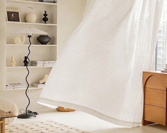 Kumo Linen Curtain Japanese Style Grid Textured Semi Sheer Drapes for Living Room Bedroom Boho Farmhouse Neutral Window Treatment