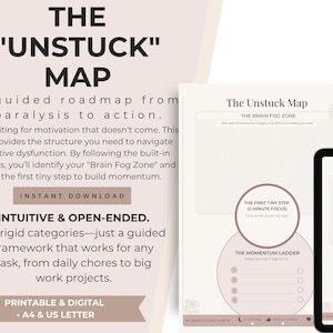 May include: The "Unstuck" Map, a printable and digital guide to overcome paralysis and build momentum. The design features a light beige background with text and circular diagrams. The text includes "Brain Fog Zone" and "Momentum Ladder".