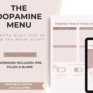 May include: A digital printable "Dopamine Menu & Energy Tracker" in pink and white. Text includes "Healthy brain fuel to stop the doom-scroll" and "Instant Download." Includes A4 & US Letter sizes. The image also shows a tablet.