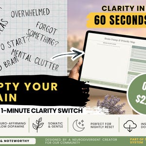 ADHD Brain Dump Printable Mental Declutter Page Thought Organizer PDF Executive Function Tool Neurodivergent Priority Map Brain Purge Sheet