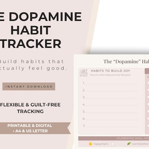 May include: A printable and digital "Dopamine" habit tracker with a soft pink and white design. The tracker includes sections for building habits, weekly tracking, and celebrating small wins. Text includes "Instant Download" and "Flexible & Guilt-Free Tracking."