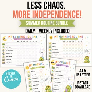 Summer Routine Chart for Kids Bundle Editable Reward Chart, Morning & Evening Checklist Screen Time Tracker, Summer Activities Printable PDF