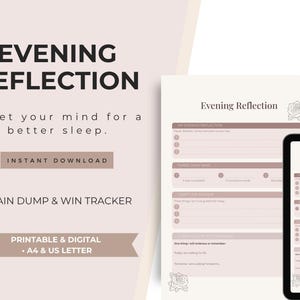 Könnte beinhalten: Digitales, druckbares Abendreflexionsjournal mit einem Design in Rosa und Weiß. Das Journal enthält Abschnitte für tägliche Reflexion, Dankbarkeit und ein Brain Dump. Der Text lautet "Evening Reflection" und "Instant Download".