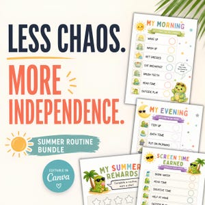 Summer Routine Chart for Kids Bundle Editable Reward Chart, Morning & Evening Checklist Screen Time Tracker, Summer Activities Printable PDF
