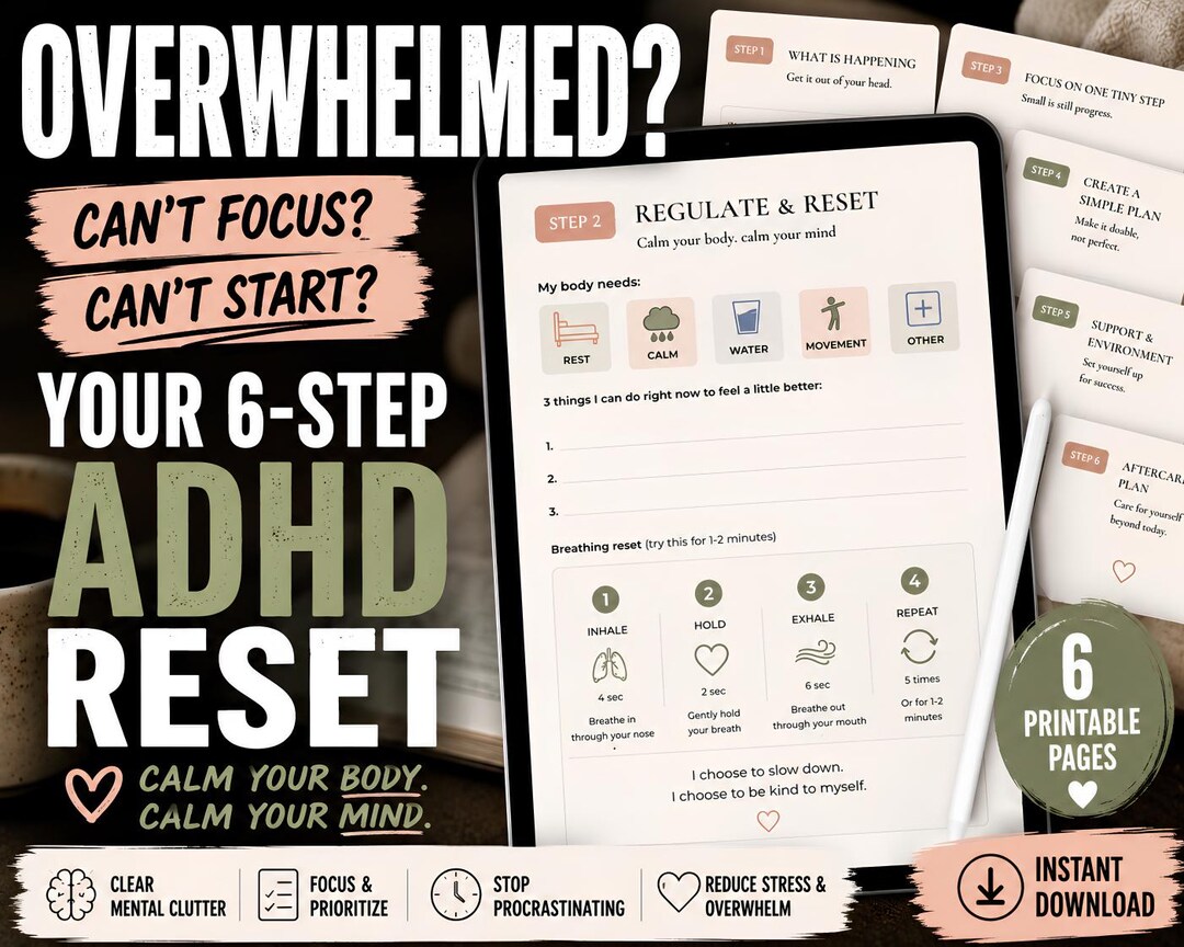 ADHD Overwhelm Reset Printable | Executive Dysfunction Reset Sheet ...