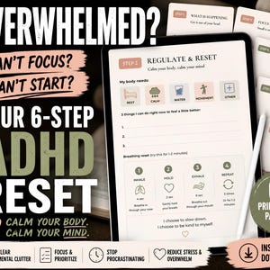 Resetowanie przytłoczenia ADHD do druku | Arkusz resetowania dysfunkcji wykonawczych | Zrzut pamięci ADHD i codzienny planer skupienia (PDF)