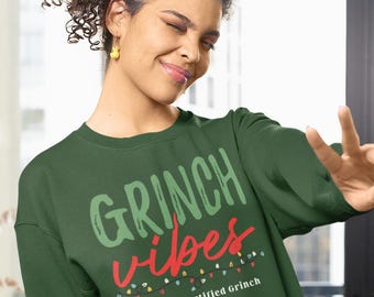 Personalized Christmas Grinch Vibes Sweatshirt, Custom Holiday Crewneck Sweatshirt Grinchmas, Matching Holiday Sweaters