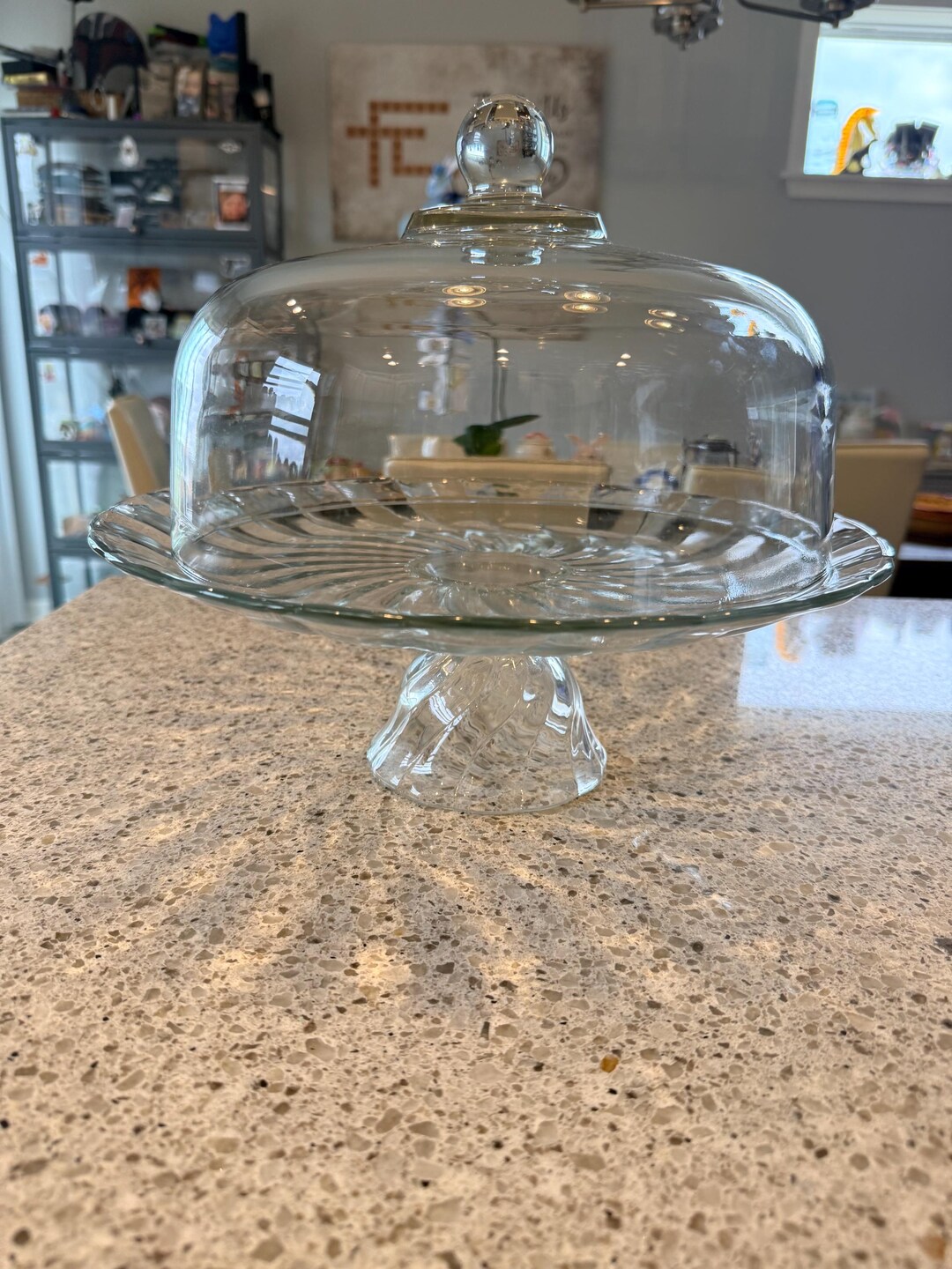 Vintage Glass Pedestal Swirl Pattern Cake Stand With Glass Dome Topper
