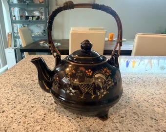 Vintage Japanese Redware 3 Leg Teapot Featuring Hand-Painted Moriage Decoration And A Carry Handle