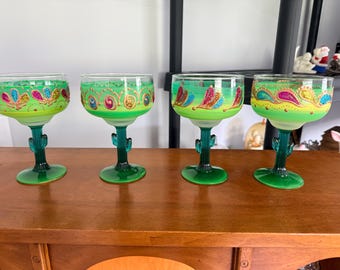 Vintage Hand Painted Cactus Margarita Glasses Set Of 4
