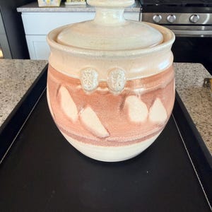 May include: A round ceramic crock with a matching lid, featuring a cream-colored top and a warm terracotta-toned base. The body is decorated with a repeating pattern of light-colored leaf shapes and two small, embossed oval medallions near the rim.