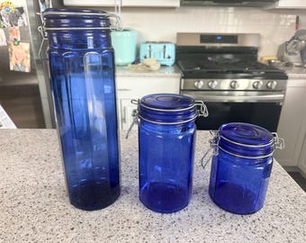 Vintage Cobalt Blue 12 Panel Glass Bale Storage Containers