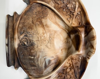 Vintage incolay stone valet / dresser tray or trinket tray featuring a carved hunting scene