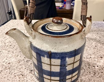 Vintage Blue Grey Checkered Stoneware Teapot With Wooden Carry Handle