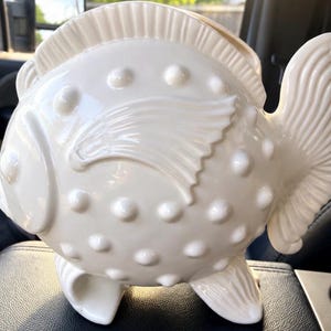 Vintage Hull Pottery White Ceramic Fish Vase | Mid Century Coastal Planter | Glossy Nautical Beach House Decor | Large Fish Cachepot