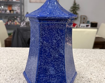 Vintage Blue And White Speckled Ceramic Lidded Pot Or Jar