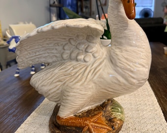 Vintage Majolica Style White Ceramic Hand Painted Goose Statue Figurine