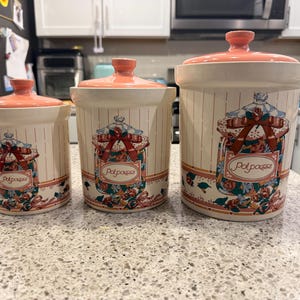 Vintage Ceramic Potpourri Canister Set of 3 – Shabby Chic Kitchen Jars with Pink Lids, Stripes, Roses, Ribbons, and Hearts – Cottagecore