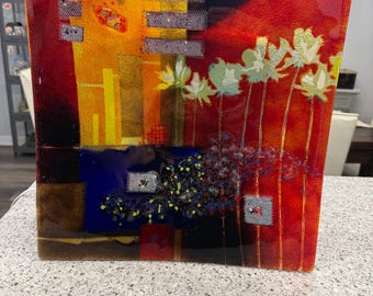 Vintage Fused Glass Art Of A Cityscape & Floral Mosaic
