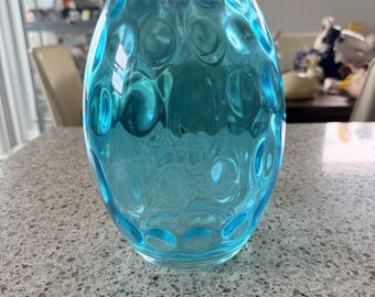 Vintage Mid Cemtury Aquamarine Blue Thumbprint Vase 8”