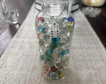 Vintage Apothecary Clear Glass Jar Filled With Assorted Marbles And Dice