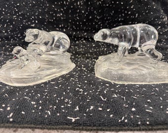 Vintage Crystal Frosted Glass Polar Bear Family Figurines