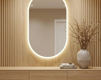 Oval LED Wall Mirror, Asymmetrical Bathroom or Bedroom Decor
