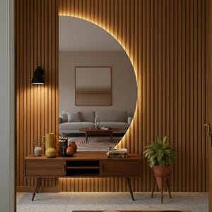 Miroir mural demi-cercle LED - Miroir décoratif lumineux moderne - Décoration LED personnalisée faite main