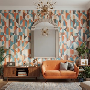May include: A mid-century modern living room with an orange sofa, wooden cabinet, and patterned wallpaper. A large arched mirror hangs above the sofa, and a gold sputnik chandelier is suspended from the ceiling. Decorative pillows and potted plants add to the room's decor.