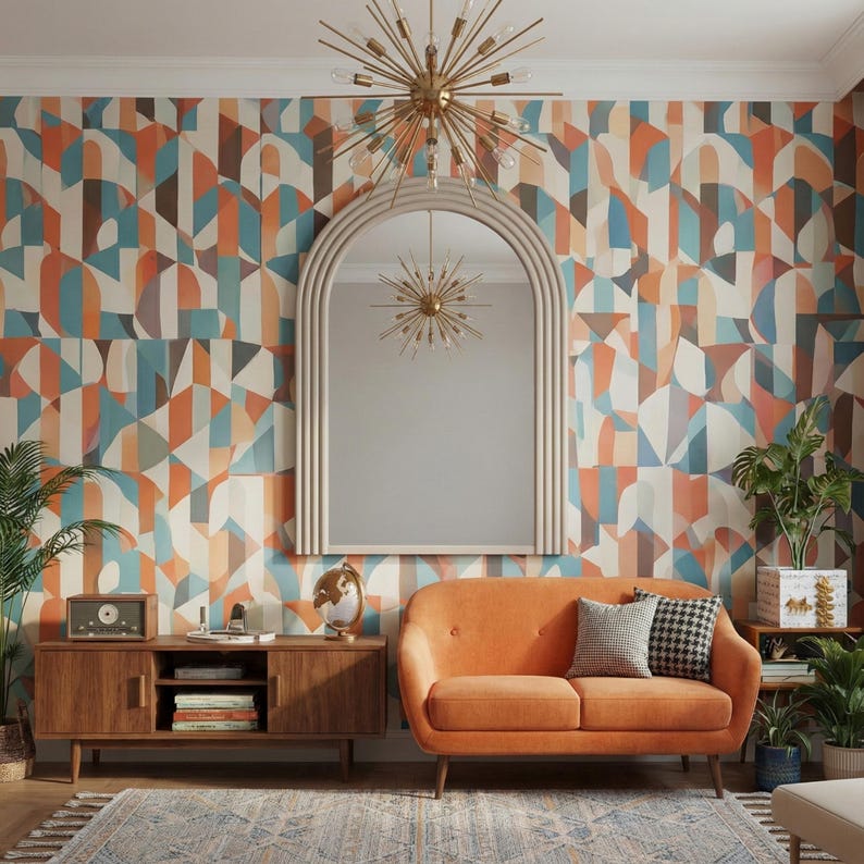 May include: A mid-century modern living room with an orange sofa, wooden cabinet, and patterned wallpaper. A large arched mirror hangs above the sofa, and a gold sputnik chandelier is suspended from the ceiling. Decorative pillows and potted plants add to the room's decor.