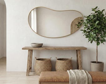 Asymmetrical Wooden Frame Mirror-Modern Asymmetrical Organic Shape Wall Mirror-Bathroom Mirror-Bedroom Mirror