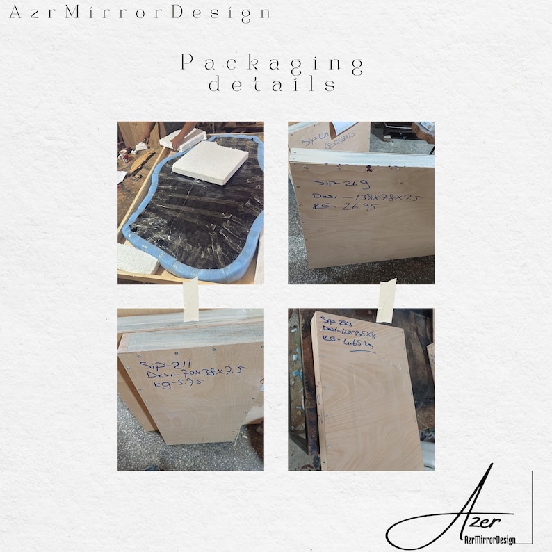 May include: Image showing packaging details for Azr Mirror Design. The image includes four separate photos of wooden crates with handwritten labels. The text on the labels includes measurements and weights in kilograms.