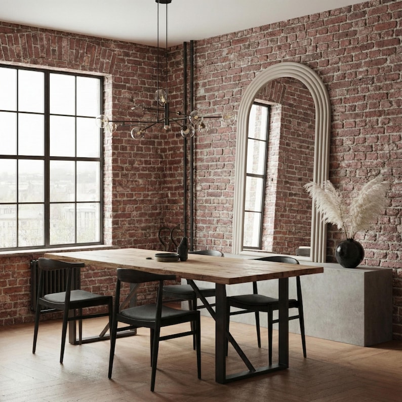 May include: A dining room with a rustic aesthetic. A large wooden dining table with black metal legs is surrounded by black chairs. A brick wall serves as a backdrop, with a large window and a decorative mirror. A black chandelier hangs above the table.