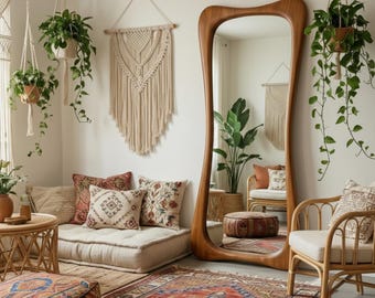 Wooden Arch Full Body Mirror-Asymmetrical Walnut Tall Mirror-