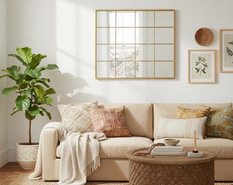 Window Style Grid Wall Mirror, Rectangular Decorative Wall Mirror, Window Pane Mirror for Living Room Entryway
