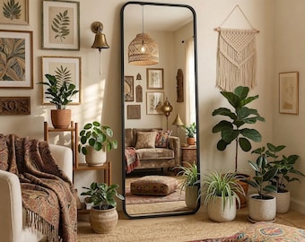 Arched Wood Framed Full Length Mirror, Minimalist Floor Mirror