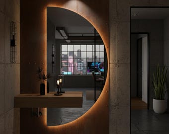 Handmade LED Half Circle Mirror – Modern Ambient Light Decor