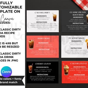 May include: A template on Canva with 25 classic dirty soda recipe cards, sized 4x6 inches, and 25 classic dirty soda drink images in .PNG format. Includes recipes for Caramel Drift, Berry Bliss, Classic Creamy Root Beer, Peach Sparkle, Cherry Cloud, and Caramel Float.