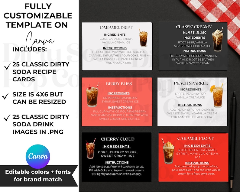 May include: A template on Canva with 25 classic dirty soda recipe cards, sized 4x6 inches, and 25 classic dirty soda drink images in .PNG format. Includes recipes for Caramel Drift, Berry Bliss, Classic Creamy Root Beer, Peach Sparkle, Cherry Cloud, and Caramel Float.
