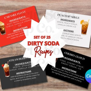 May include: Set of 25 Dirty Soda recipes on cards. Each card features a different soda recipe, including ingredients and instructions. Recipes include Caramel Float, Peach Sparkle, Strawberry, and Cherry Cloud.
