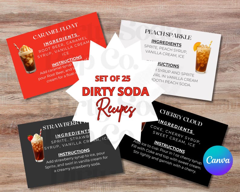 May include: Set of 25 Dirty Soda recipes on cards. Each card features a different soda recipe, including ingredients and instructions. Recipes include Caramel Float, Peach Sparkle, Strawberry, and Cherry Cloud.