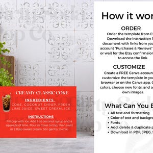 May include: A red recipe card with the text "Creamy Classic Coke" and instructions for making the drink. The card also includes a list of ingredients and a small image of the drink. The background is a white tile.
