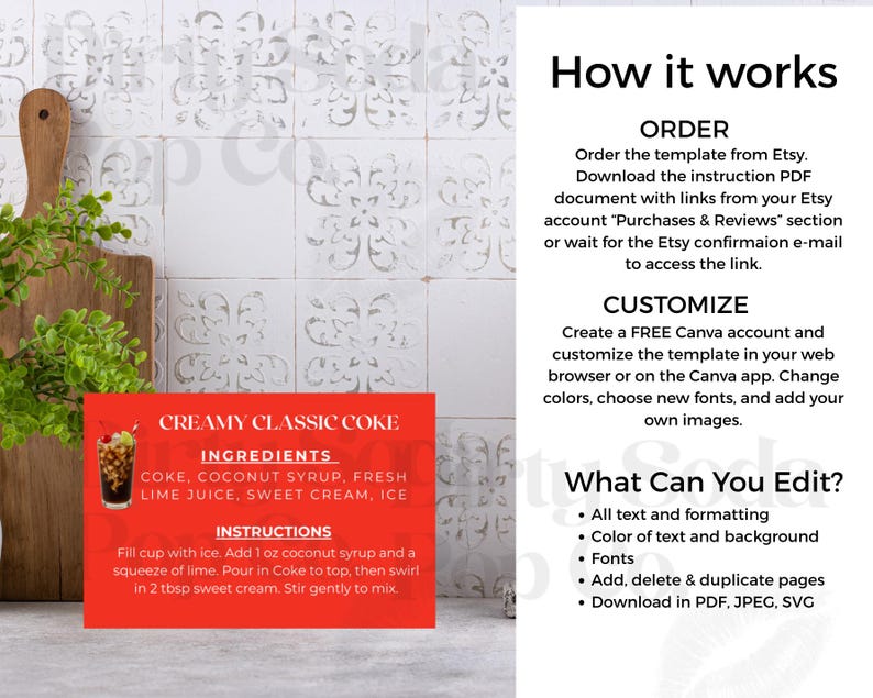 May include: A red recipe card with the text "Creamy Classic Coke" and instructions for making the drink. The card also includes a list of ingredients and a small image of the drink. The background is a white tile.