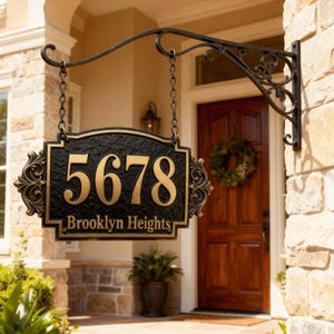 Personalized Solid Aluminum Address Plaque - Custom House Number Sign - Black with Gold Numbers
