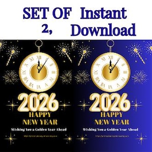 New Year 2026 Wall Art | Golden Digital Printable Set of 2 | New Year Eve Party Decor | Instant Download | 2026 Celebration Art |