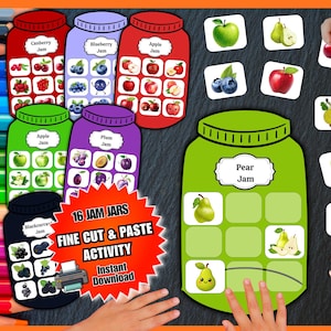 May include: A colorful educational activity featuring 16 jam jars with various fruits. The image includes the text "16 Jam Jars Fine Cut & Paste Activity Instant Download". There are also illustrations of fruits and children.