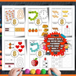 May include: Educational worksheets for number 8 maths and fine motor skills. The 12-page PDF includes playdough, cotton swab, dot it, and build it activities. The worksheets feature colourful illustrations and exercises for early learning.