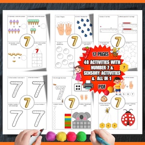 Puede incluir: Un PDF imprimible con 12 páginas de actividades educativas para niños, centrado en el número 7 y actividades sensoriales. Las páginas incluyen ejercicios de conteo, trazado y coloreado, con ilustraciones coloridas y el texto "48 ACTIVIDADES CON EL NÚMERO 7 Y ACTIVIDADES SENSORIALES Y TODO EN 1 PDF".