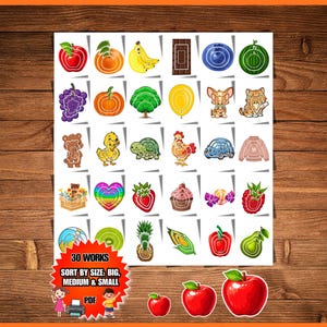 May include: A printable sheet featuring 30 colorful illustrations of fruits, animals, and objects, including an apple, banana, tree, balloon, and sweater. A red starburst graphic at the bottom displays the text 30 WORKS SORT BY SIZE: BIG, MEDIUM & SMALL PDF.