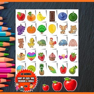 May include: A digital sticker sheet featuring thirty individual illustrations of fruits, animals, and objects, including an apple, banana, tree, and cupcake. Below the grid, three red apples of varying sizes are displayed with the text 30 WORKS SORT BY SIZE: BIG, MEDIUM & SMALL PDF.